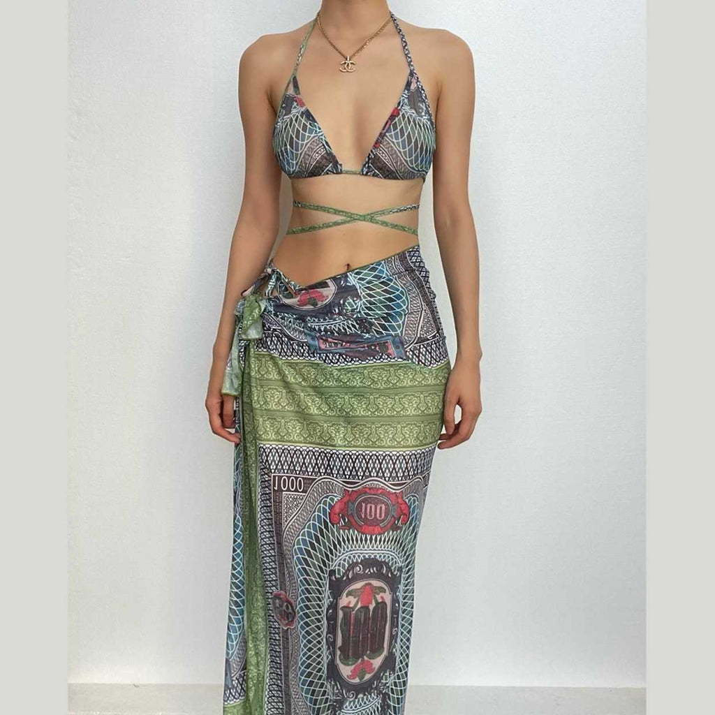 Abstract Print Mesh Halter Contrast Backless Self Tie Pant Set