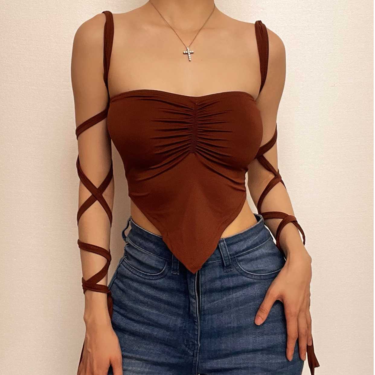 Ruched solid self tie backless tube crop top