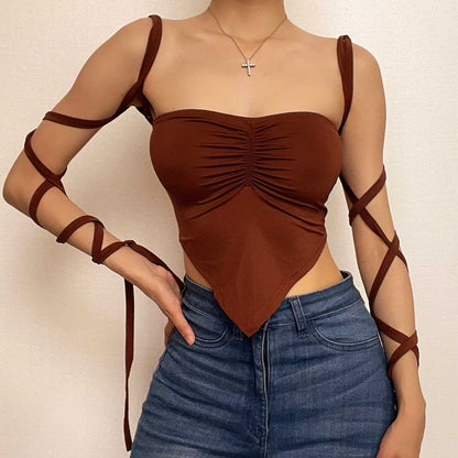 Ruched solid self tie backless tube crop top