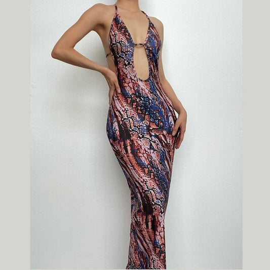 Backless hollow out halter self tie contrast print maxi dress