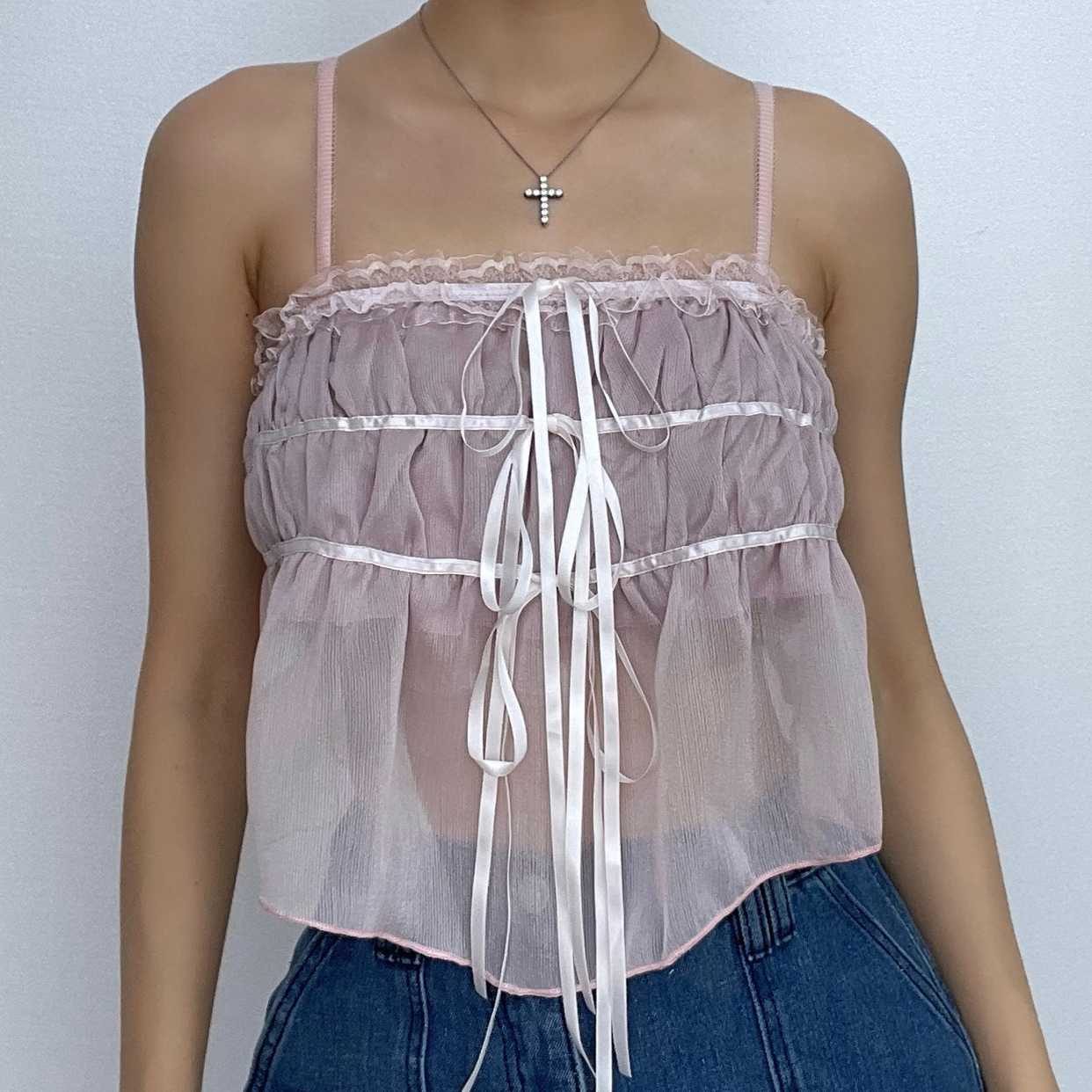 Chiffon solid pleated ruffle lace hem button cami crop top