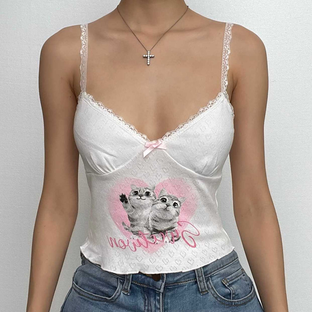 Rückenfreies Camisole-Top mit Katzenmuster, Struktur und Kontrast-V-Ausschnitt und Spitzensaum 