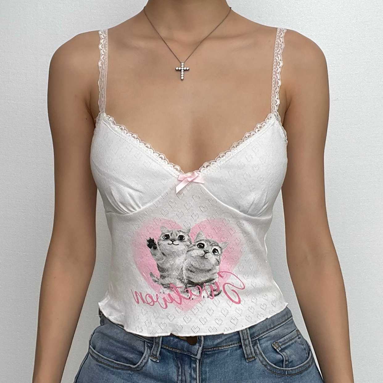 Rückenfreies Camisole-Top mit Katzenmuster, Struktur und Kontrast-V-Ausschnitt und Spitzensaum 