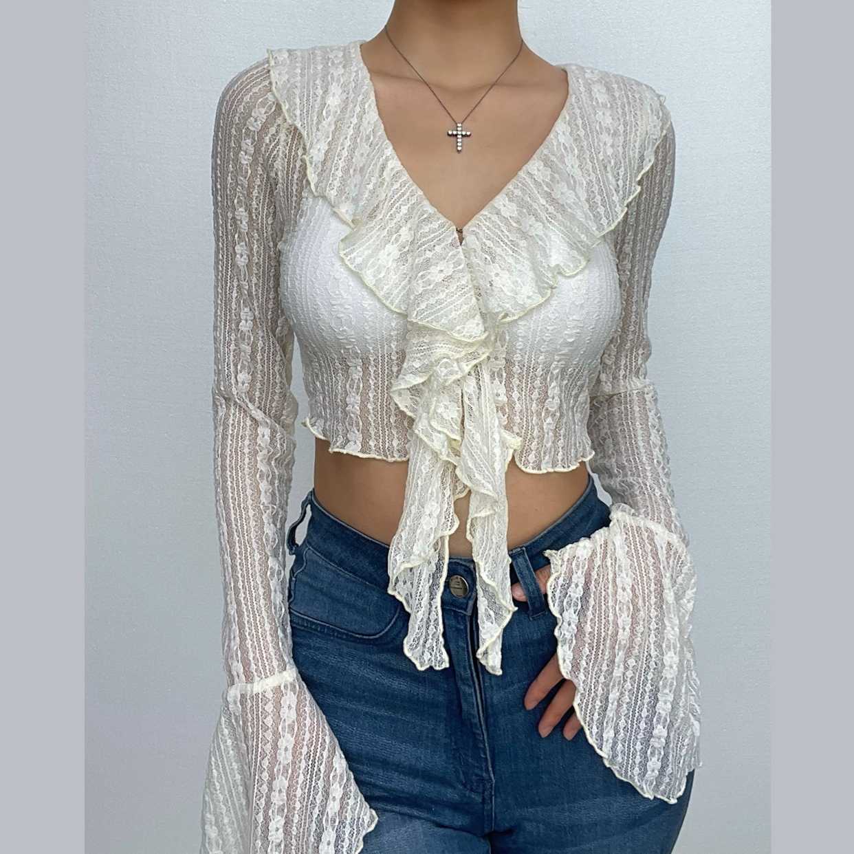 Lace see through flared sleeve v neck ruffle solid button crop top