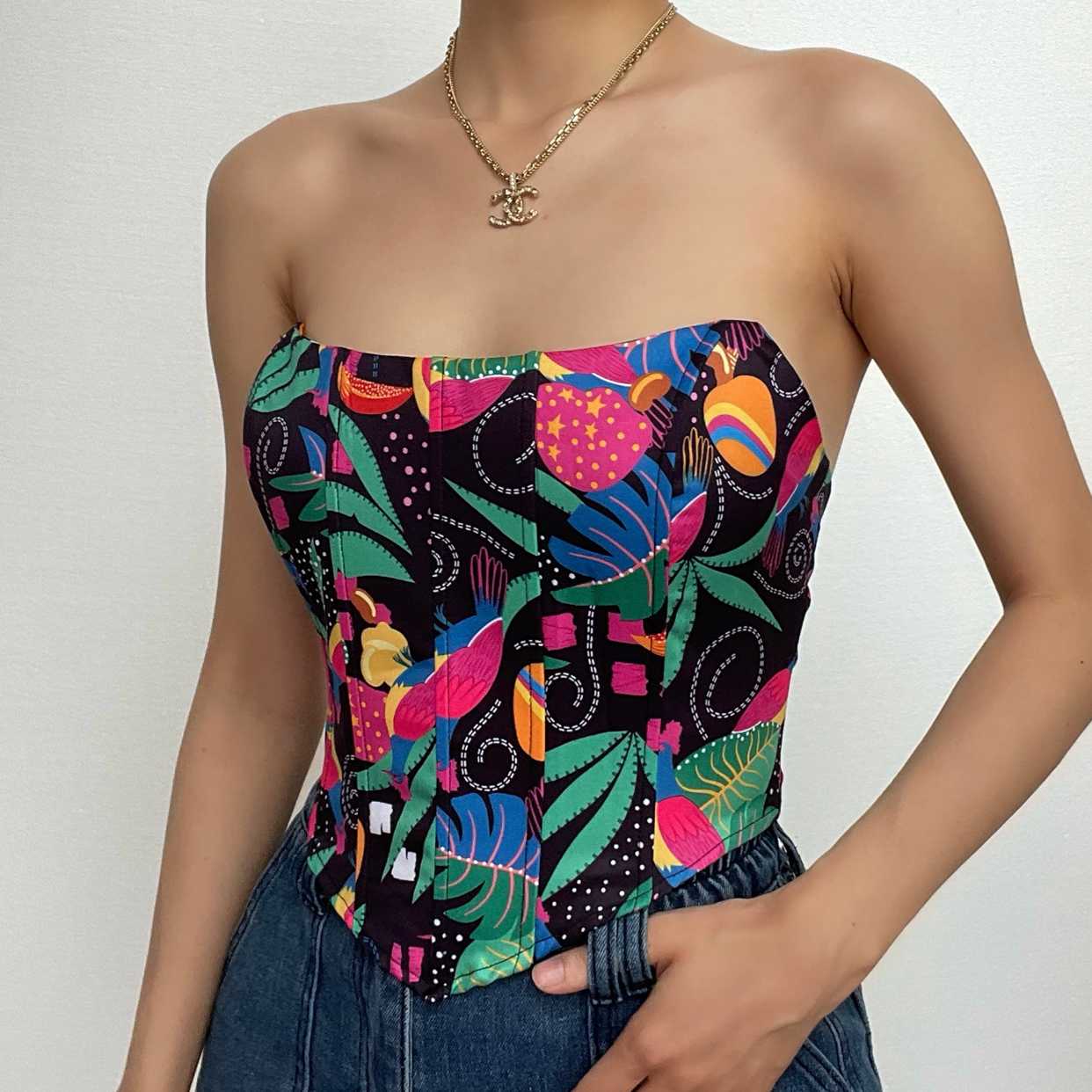 Contrast leaf pattern lace up corset backless tube top