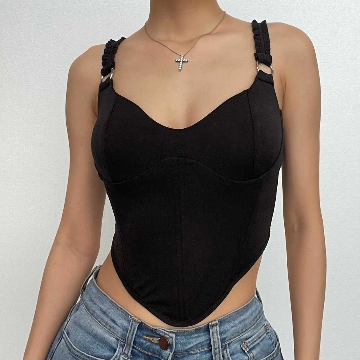 Corset solid v neck o ring backless sleeveless crop top