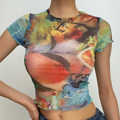 Abstract Print Contrast Short Sleeve Ruffle Crewneck Crop Top