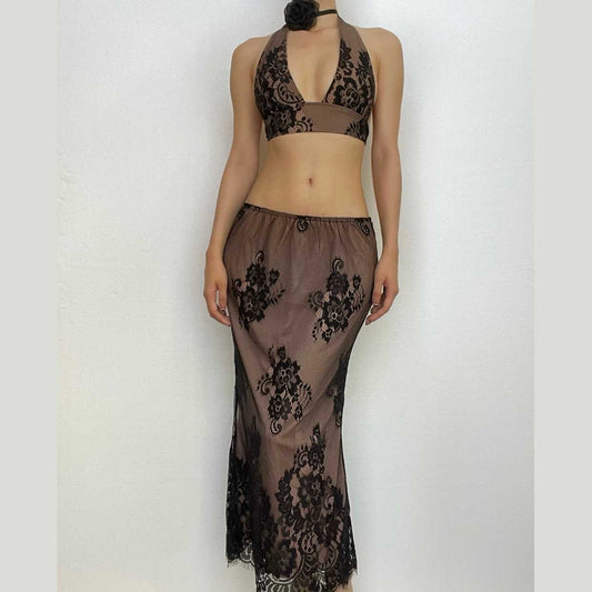 Completo gonna midi con scollo a V e schiena scoperta in pizzo con allacciatura all'americana 