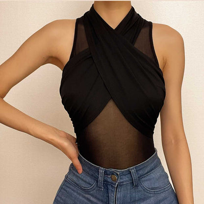 Mesh cross front halter sleeveless solid bodysuit