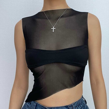 Mesh patchwork irregular sleeveless solid crop top