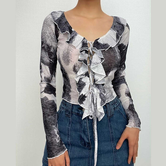 Ruffle tie dye long sleeve lace up v neck top