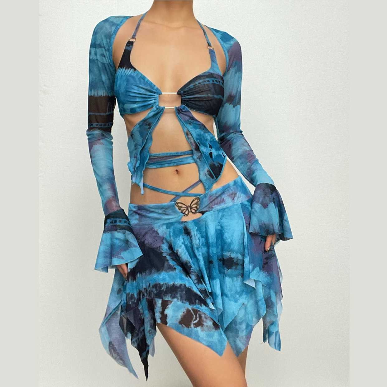 Minigonna con scollo a V, manica svasata, tie-dye, anello a O, allacciabile e scollato 