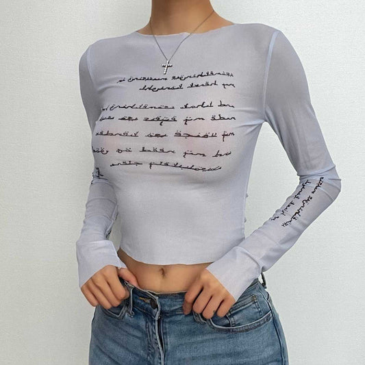 Long sleeve contrast print sheer mesh see through crop top