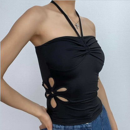 Hollow out solid halter backless drawstring self tie top