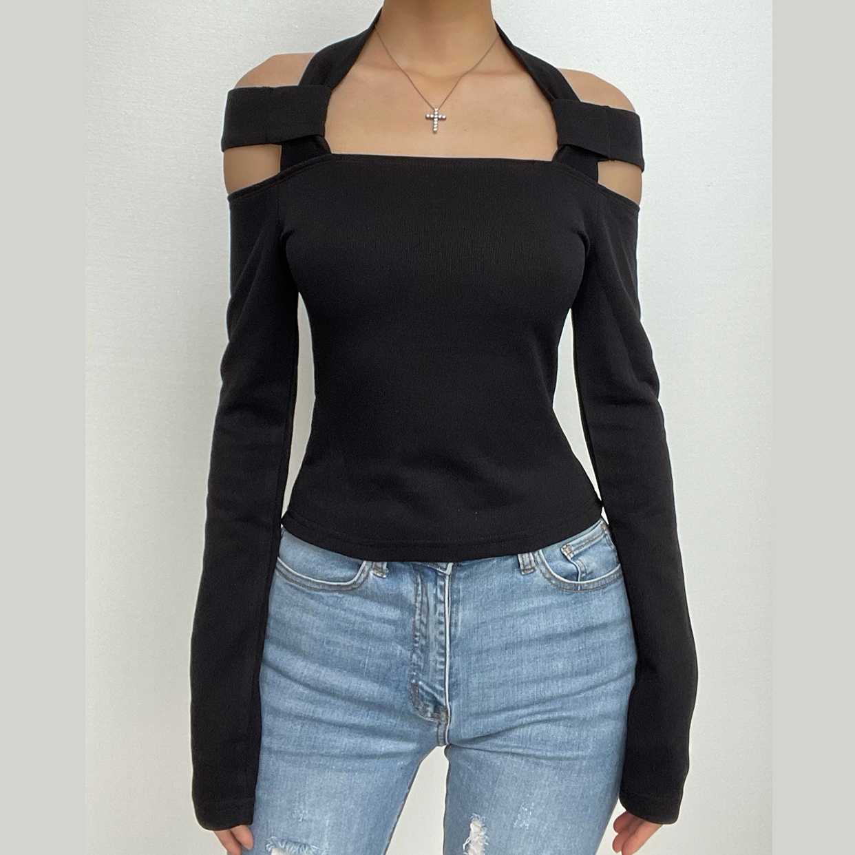 Halter solid long sleeve off shoulder hollow out top