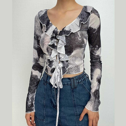 Ruffle tie dye long sleeve lace up v neck top