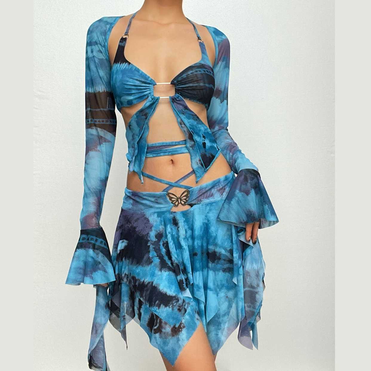 Minigonna con scollo a V, manica svasata, tie-dye, anello a O, allacciabile e scollato 