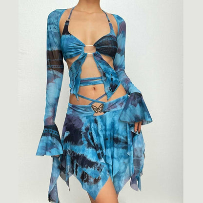 Minigonna con scollo a V, manica svasata, tie-dye, anello a O, allacciabile e scollato 