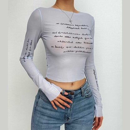 Long sleeve contrast print sheer mesh see through crop top