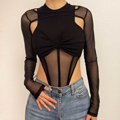 Mesh solid knotted long sleeve high neck patchwork 2 piece bodysuit