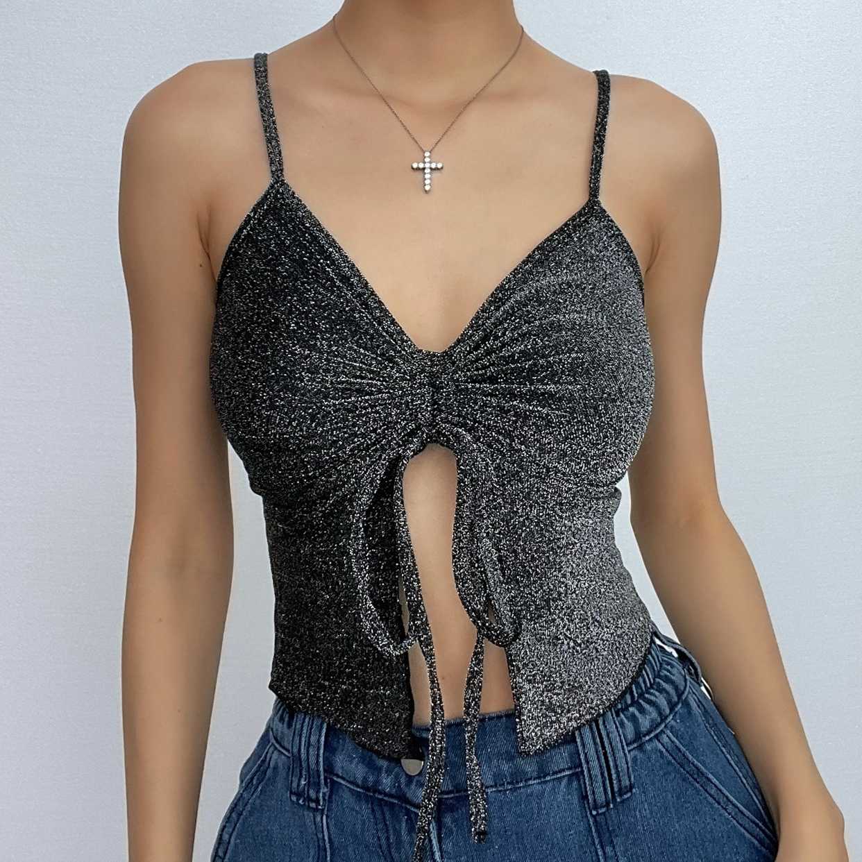 Drawstring v neck textured ruffle backless solid cami crop top