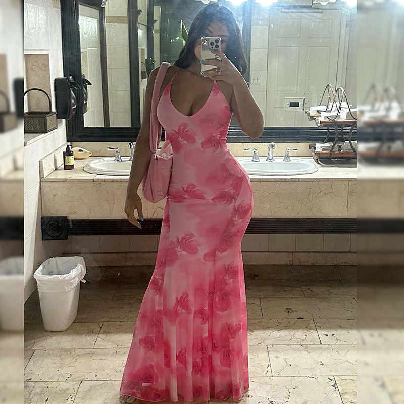 Backless Slit V Neck Contrast Cami Dress