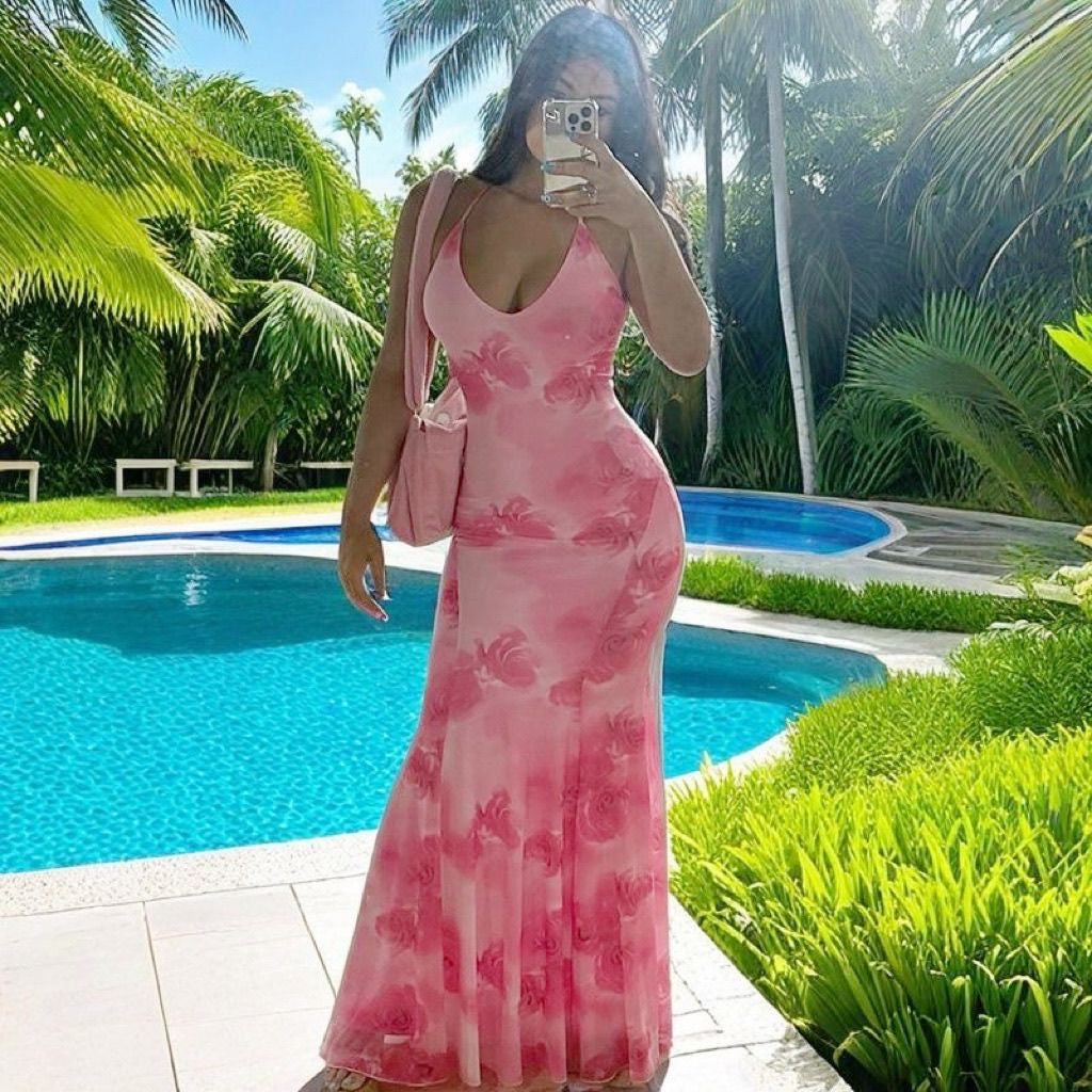 Backless Slit V Neck Contrast Cami Dress