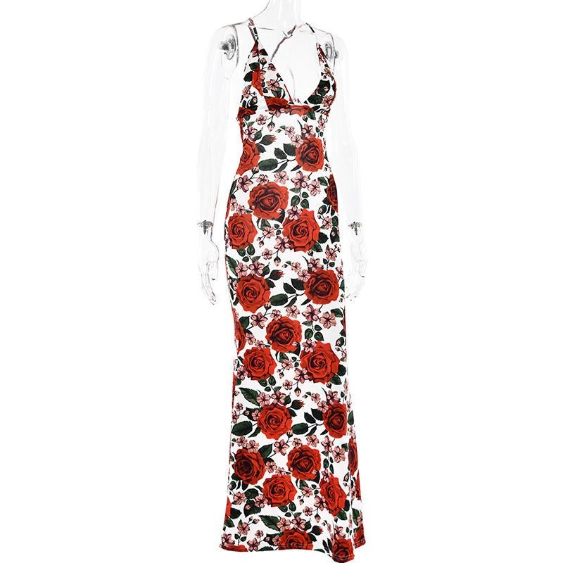 Vestito sexy da ragazza con fiori rossi