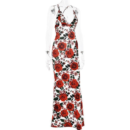 Vestito sexy da ragazza con fiori rossi