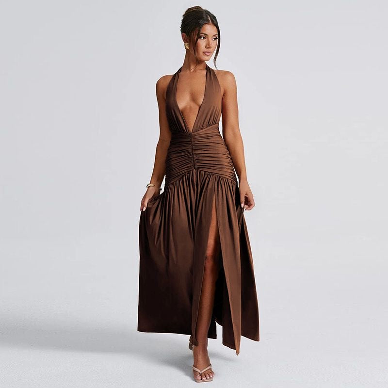 Brown Cutout Backless Solid Color Dress