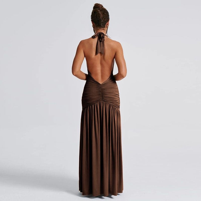 Brown Cutout Backless Solid Color Dress