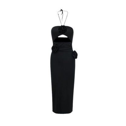 Vestito lungo sexy con bretelle e collo alto da ragazza sexy