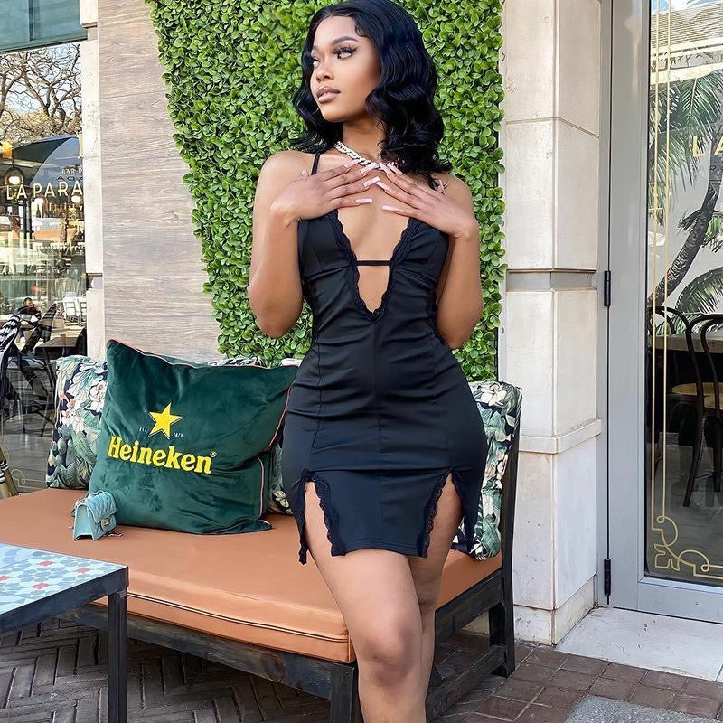 Black Lace Patchwork Split Dress