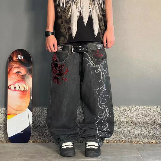 Jeans a vita bassa Y2K con ricami vintage