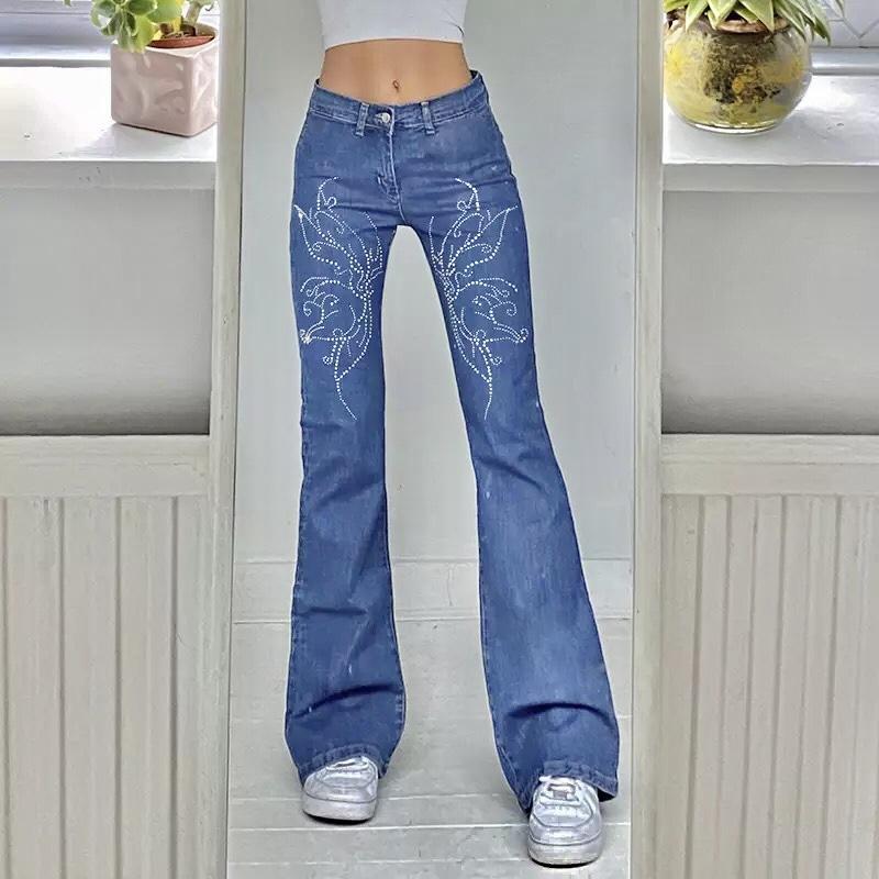 “Y2K Gem” Flared Jeans With Rhinestone Butterflies Detail