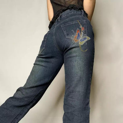 “Y2K Icon” Low Rise Jeans With Vintage Butterfly Embroidery