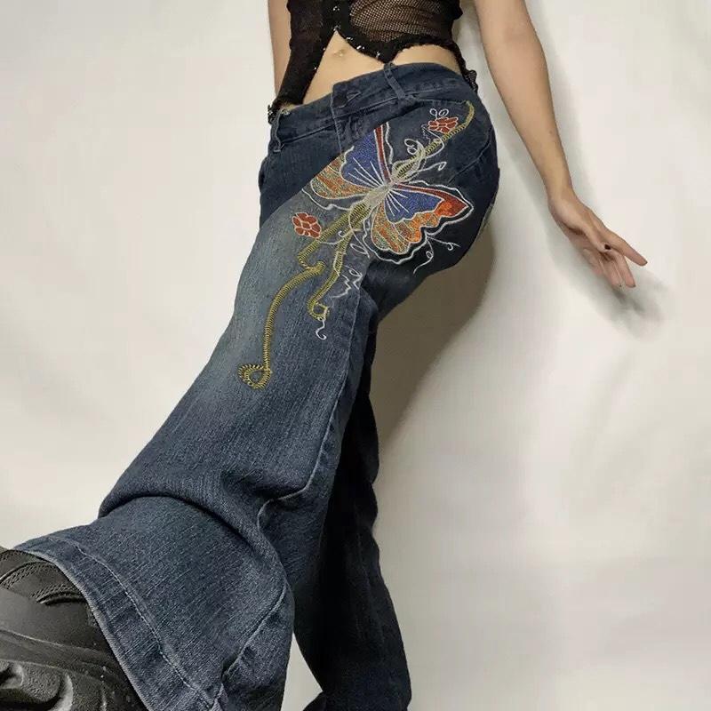 “Y2K Icon” Low Rise Jeans With Vintage Butterfly Embroidery