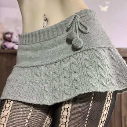 Y2K Micro Skirt In Cable Knit With Pompom Detail