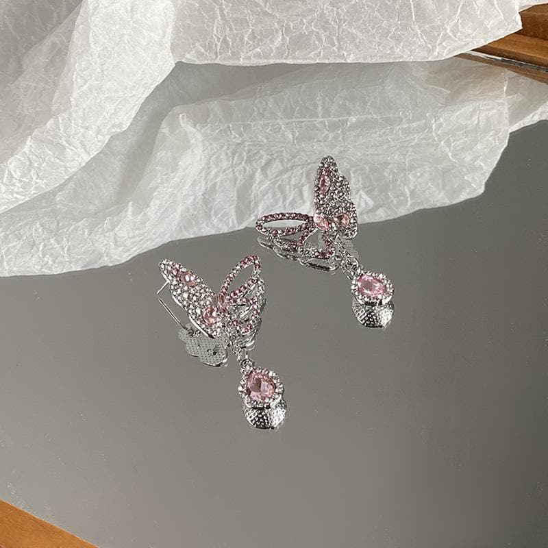 Rhinestone irregular butterfly pendant earrings