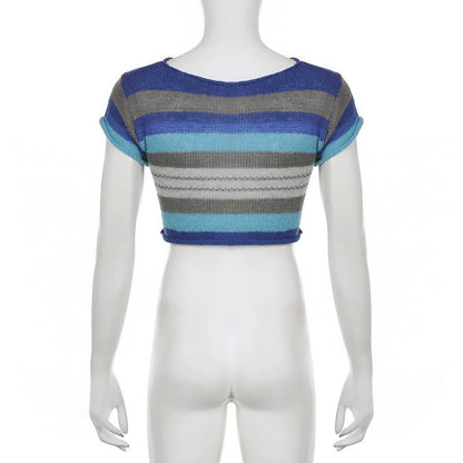 Knitted short sleeve striped contrast crop top