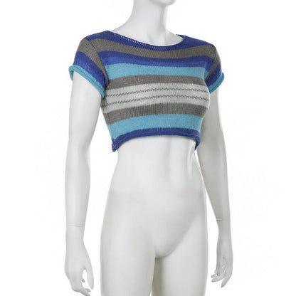 Knitted short sleeve striped contrast crop top