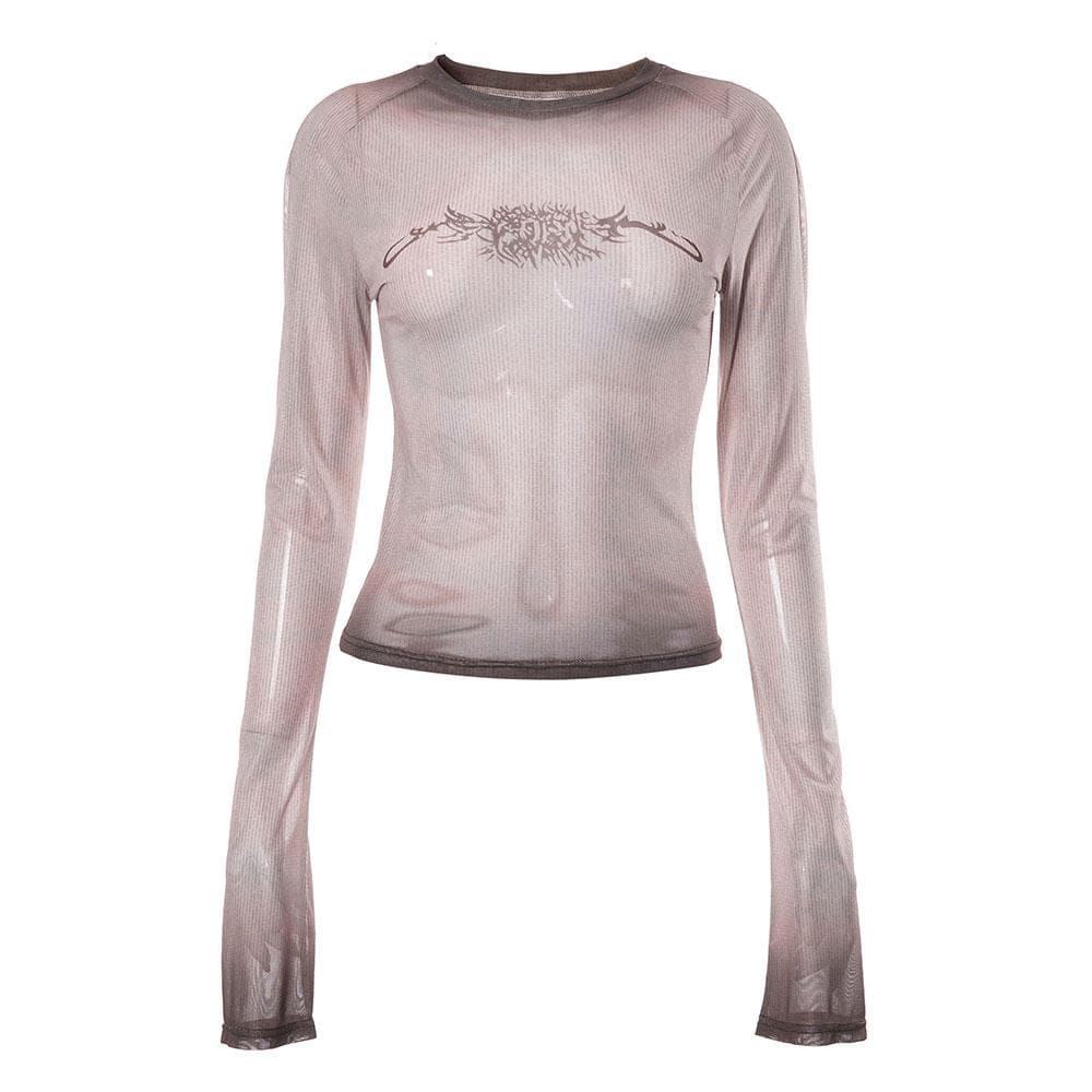 Sheer mesh see through long sleeve gradient abstract crewneck top