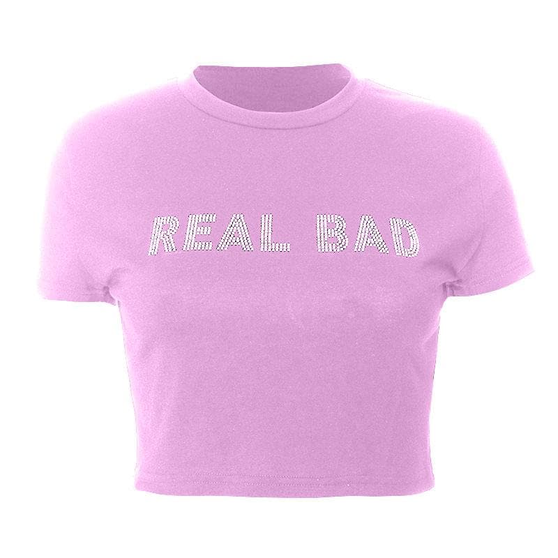 Crewneck short sleeve "REAL BAD" beaded crop top