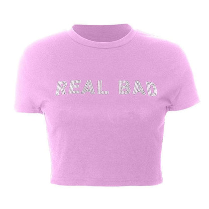 Crewneck short sleeve "REAL BAD" beaded crop top