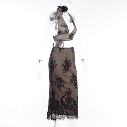 Completo gonna midi con scollo a V e schiena scoperta in pizzo con allacciatura all'americana 