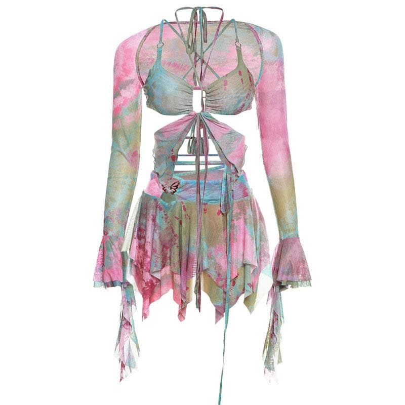 Minigonna con scollo a V, manica svasata, tie-dye, anello a O, allacciabile e scollato 
