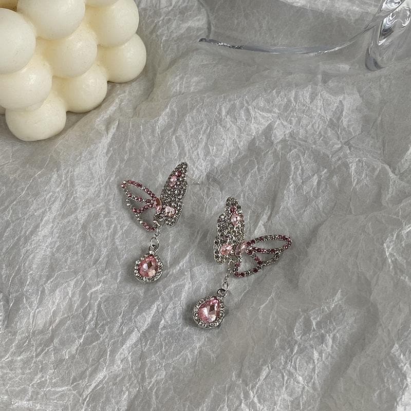 Rhinestone irregular butterfly pendant earrings