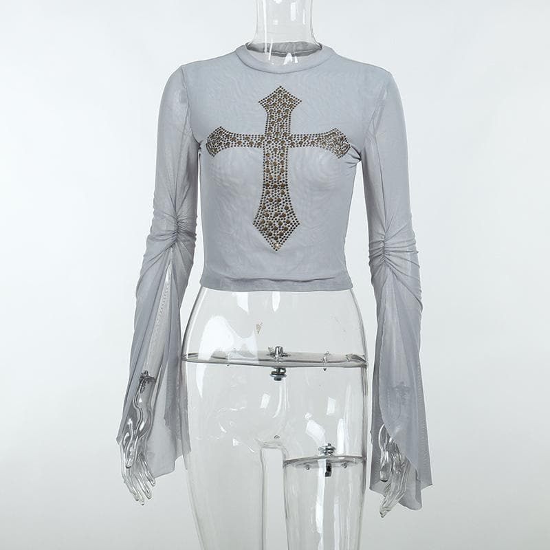 Sheer mesh see through long sleeve beaded ruched slit top