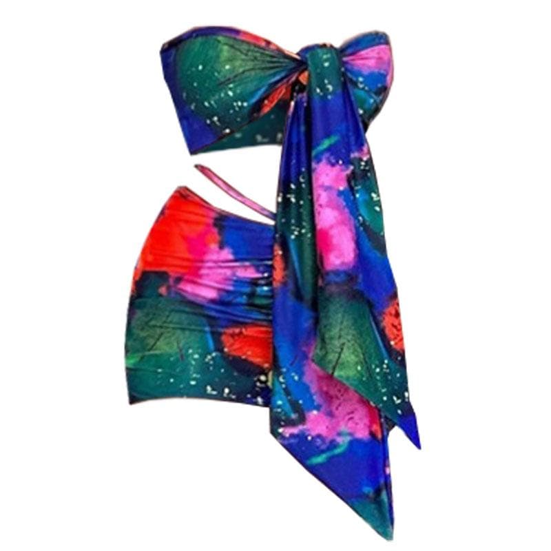 Minigonna a contrasto con coulisse, arricciata e tie-dye senza schienale 