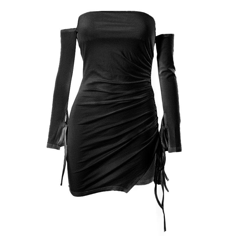 Backless off shoulder drawstring ruched slit tube mini dress